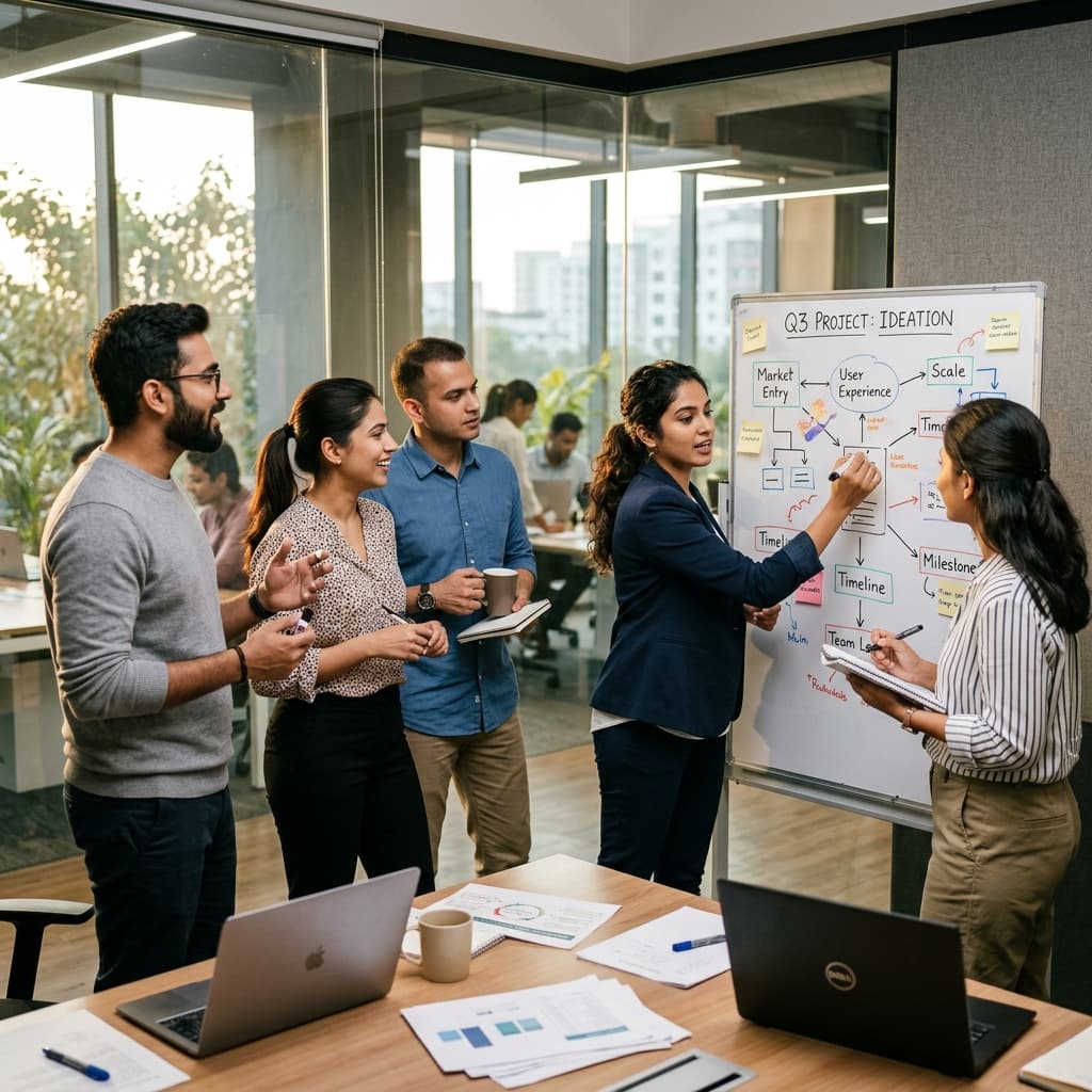 AssetArc team brainstorming in a modern meeting room
