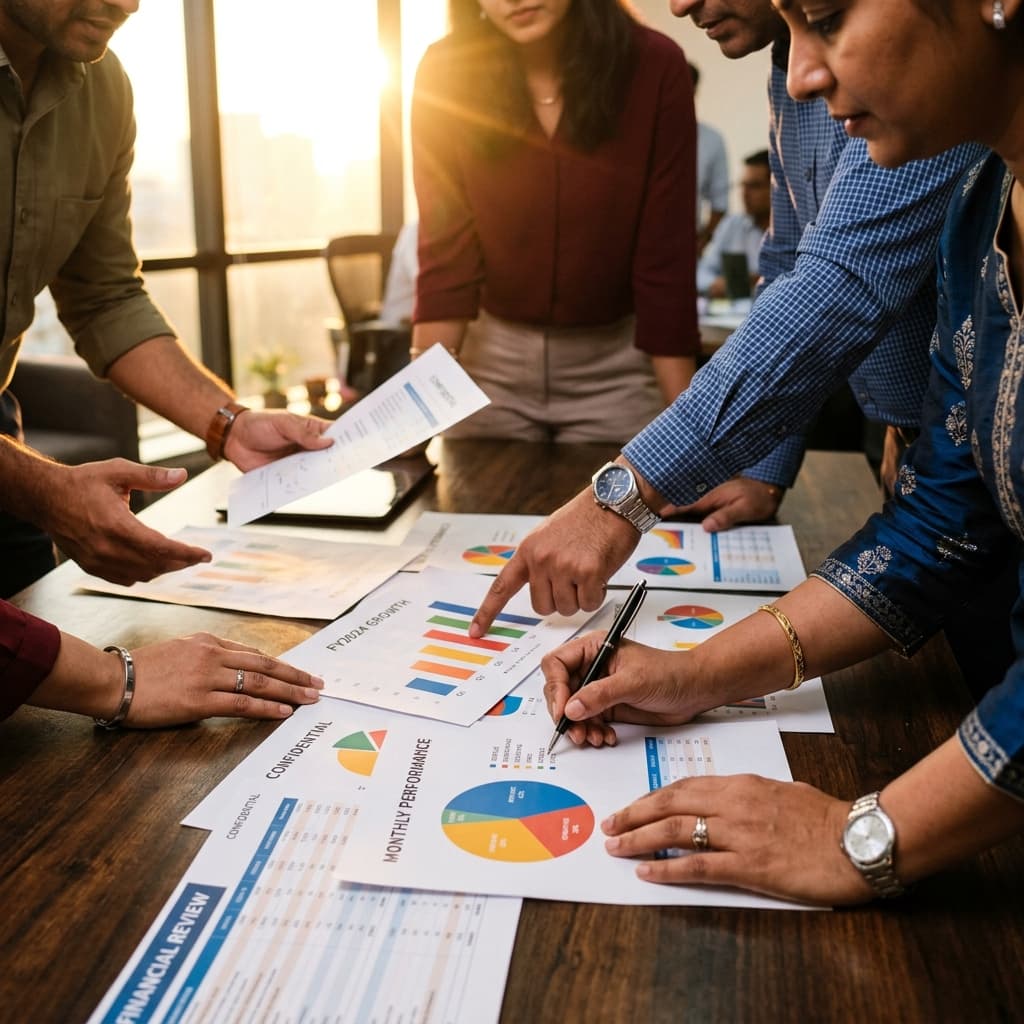 Financial professionals reviewing charts and documents together