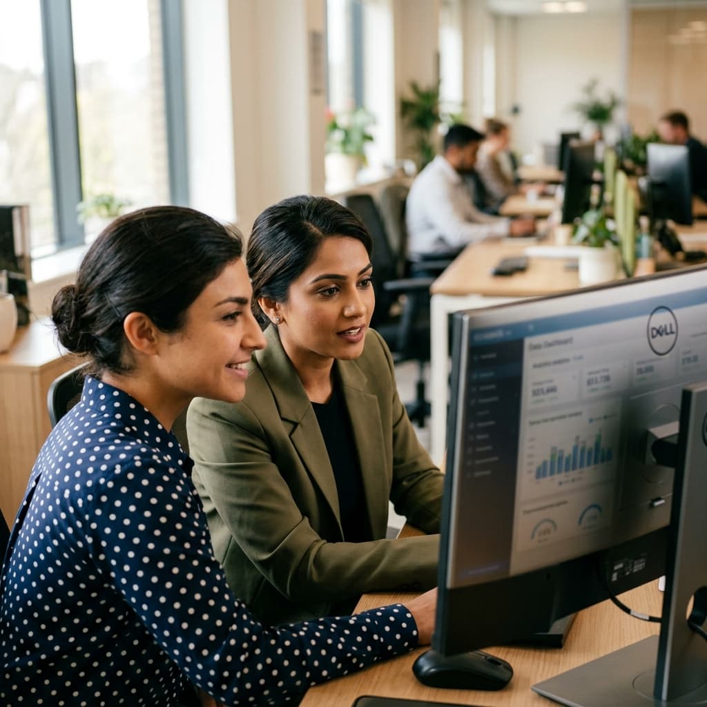 Two colleagues collaborating at a computer screen