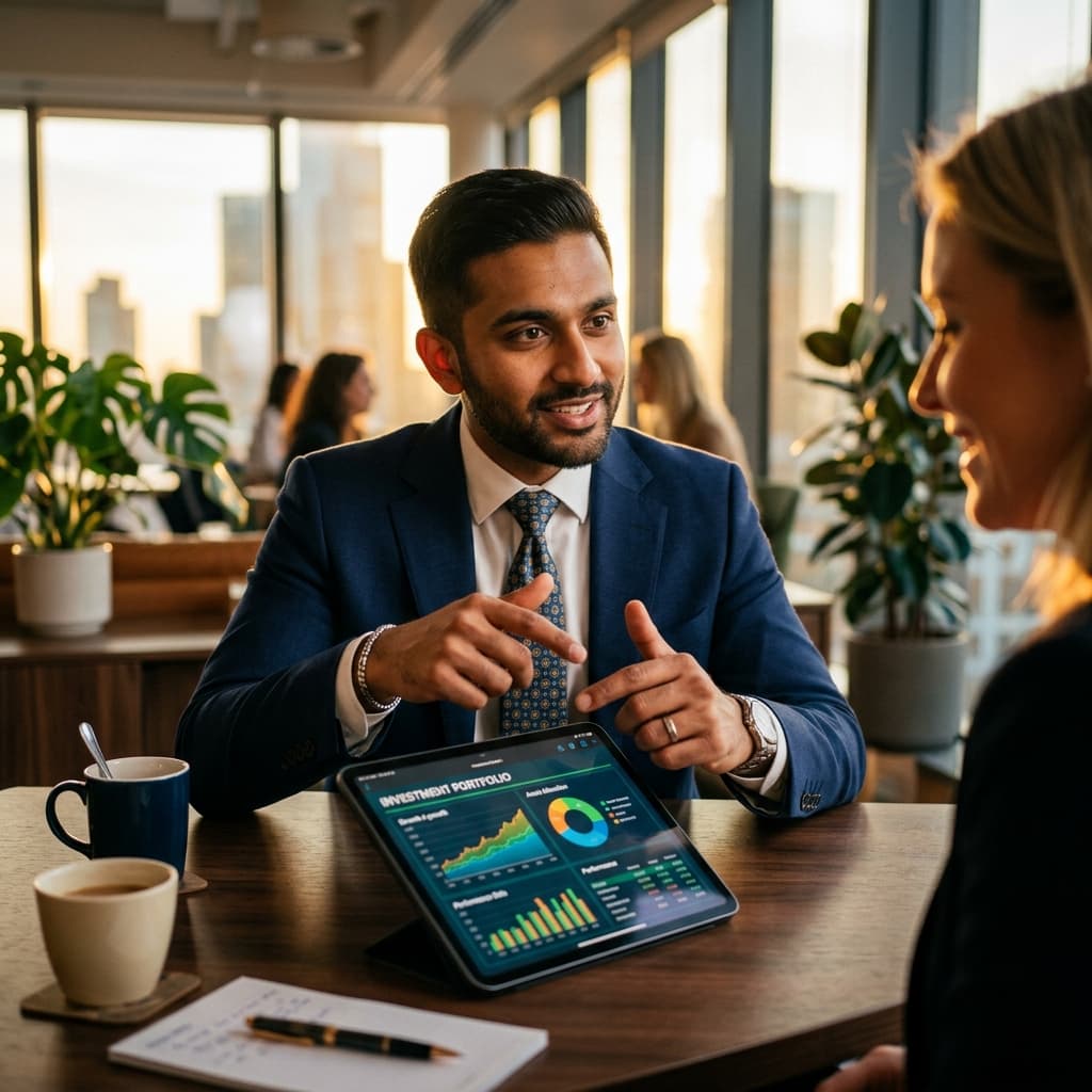 Financial advisor consulting with a client at a modern office